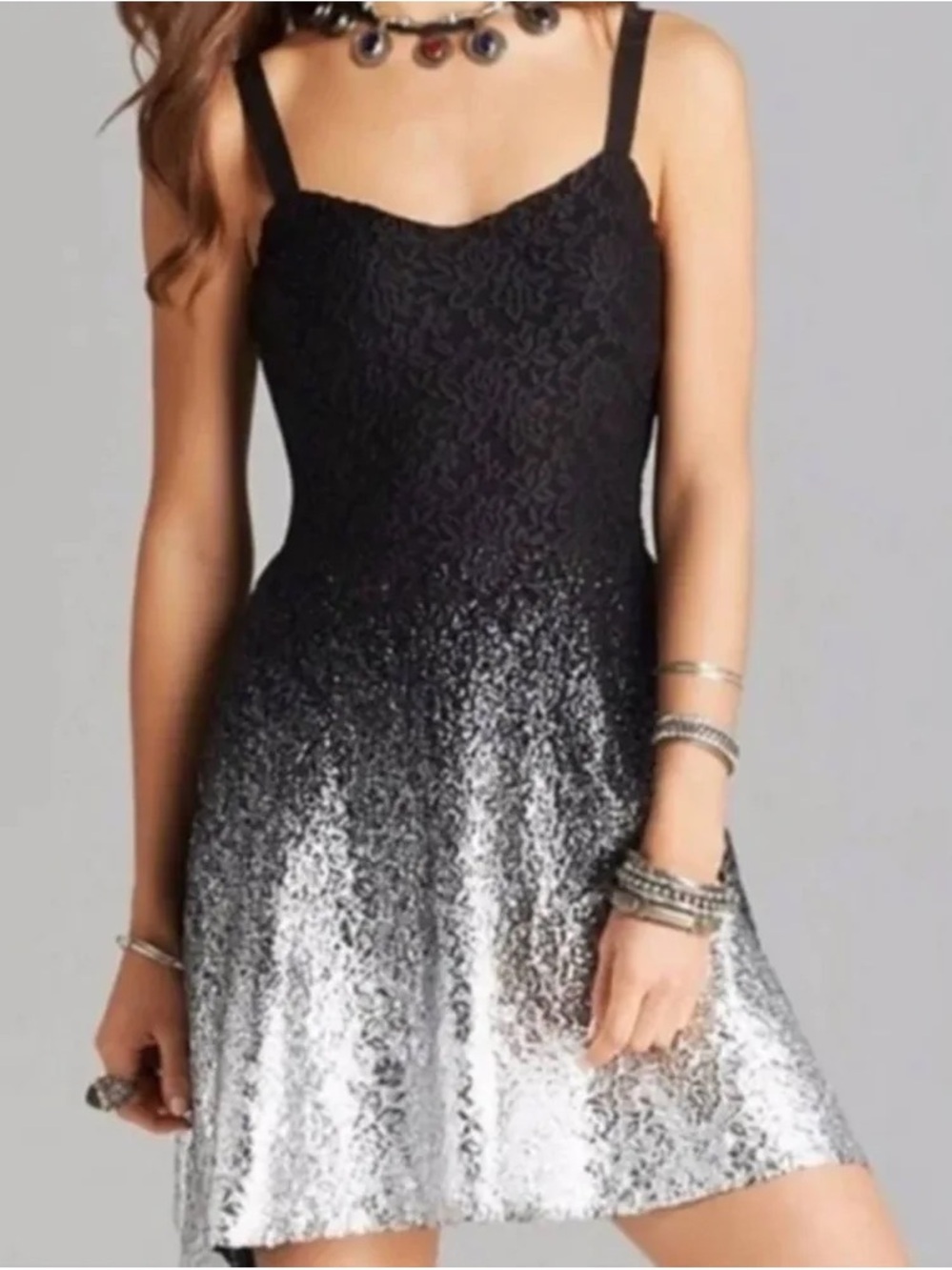 Free People Reflected Moonlight Metallic Silver Ombré Foil Lace Mini Dress SMall